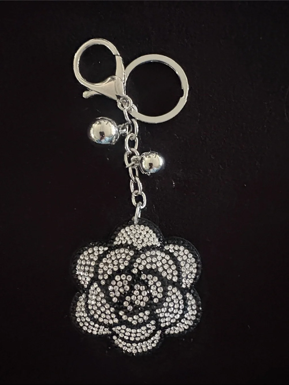 Rhinestone Floral Puffy Keychain Bag Charm - Silver and Black